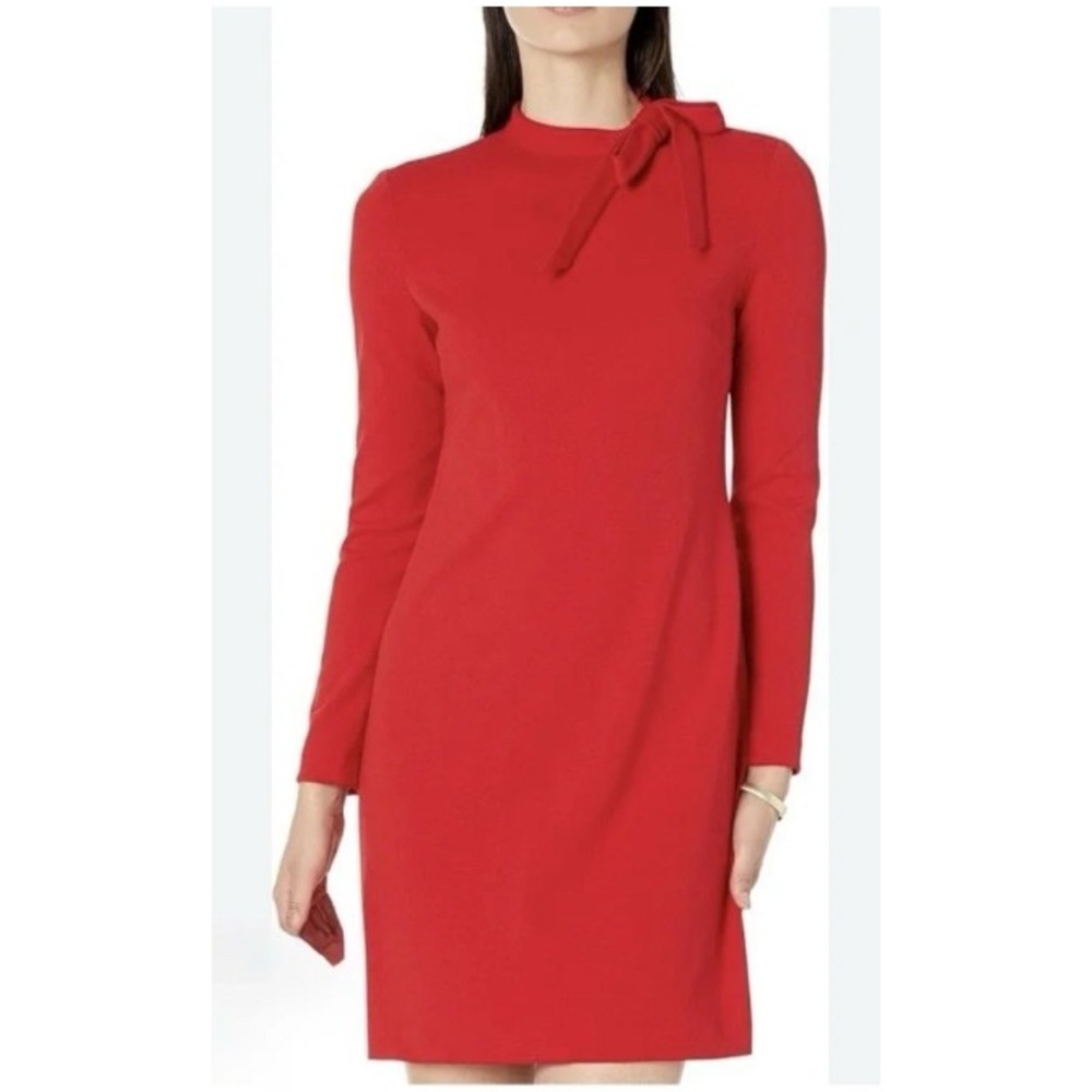 Calvin Klein Red Long Sleeve Tie Neck Sheath Dress Gold Zipper Holiday sz 2